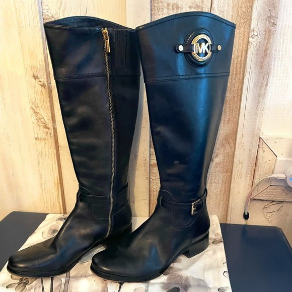 Michael Kors Black Leather tall (below the knee) Gold Accent boots Women size 9 - Picture 1 of 4